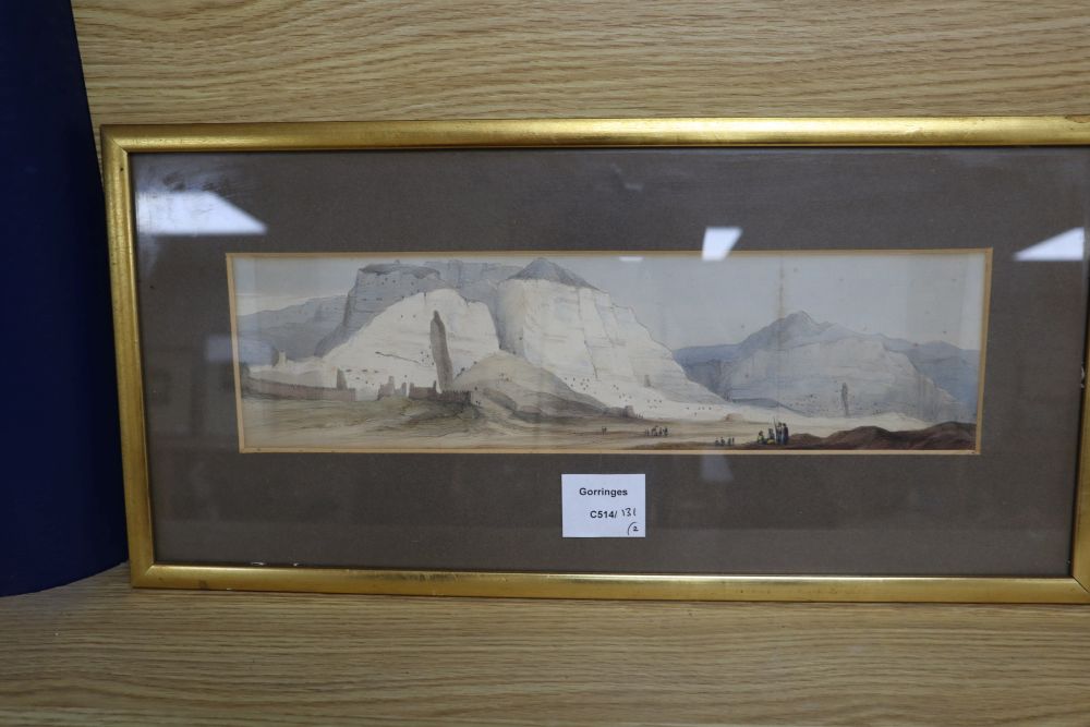 Augustus Lamplough, watercolour, Desert landscape, 7 x 23cm, and a coloured lithograph of Caves in a desert landscape